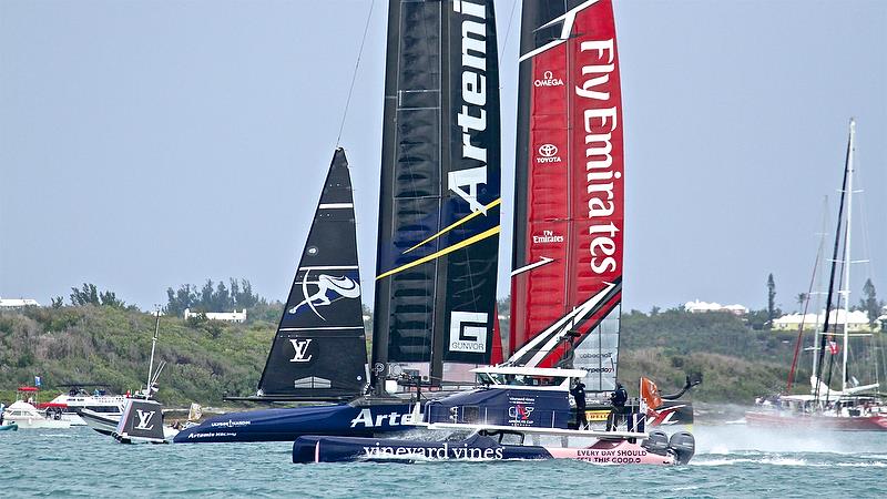 Camera Boat - Race 5 - Finals, America's Cup Playoffs- Day 15, June 11, 2017 (ADT) photo copyright Richard Gladwell taken at  and featuring the AC50 class