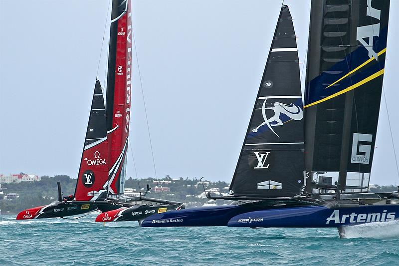 Emirates Team New Zealand and Artemis Racing at the end of Leg 4, Race 4 - Challenger Final, Day 2 - 35th America's Cup - Day 15 - Bermuda June 11, 2017 photo copyright Richard Gladwell taken at  and featuring the AC50 class
