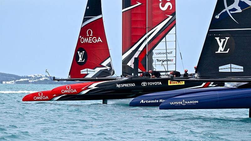 Artemis Racing and Emirates Team NZ closing on the finish Race 6 - Challenger Final, Day 11 - 35th America's Cup - Bermuda June 11, 2017. Emirates Team New Zealand won by just 1 second photo copyright Richard Gladwell taken at  and featuring the AC50 class