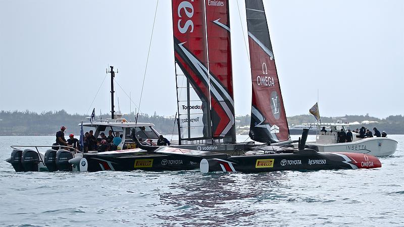 Emirates Team NZ waits - Race 7 - Finals, America's Cup Playoffs- Day 15, June 12, 2017 (ADT) photo copyright Richard Gladwell taken at  and featuring the AC50 class