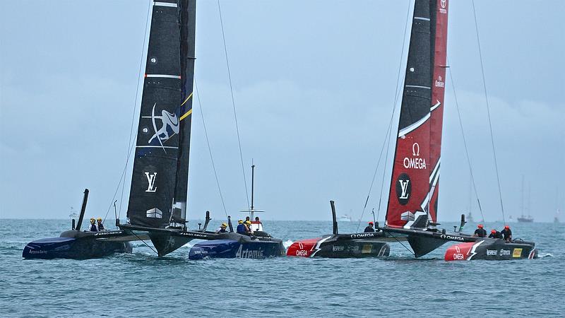 Waiting for the re-start of Race 7 - Finals, America's Cup Playoffs- Day 15, June 12, 2017 (ADT) photo copyright Richard Gladwell taken at  and featuring the AC50 class