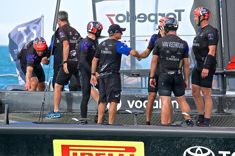 Congratulations from one of the coaches, Murray Jones - Race 7 - Finals, America's Cup Playoffs- Day 15, June 12, 2017 (ADT) photo copyright Richard Gladwell taken at  and featuring the AC50 class