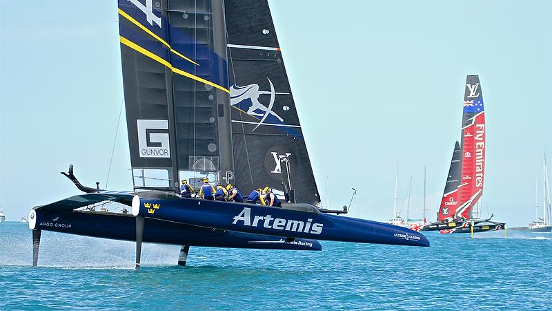 Artemis Racing chases Emirates Team New Zealand - leg 4 - Race 7 - Finals, America's Cup Playoffs- Day 15, June 12, 2017 (ADT) photo copyright Richard Gladwell taken at  and featuring the AC50 class