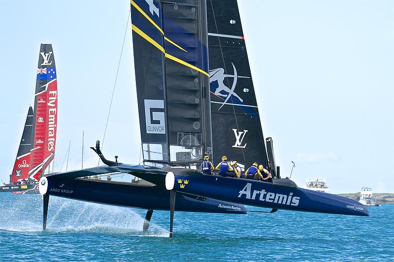 Artemis Racing chases Emirates Team NZ - Challenger Finals, Day 16 - 35th America's Cup - Bermuda June 12, 2017 photo copyright Richard Gladwell taken at  and featuring the AC50 class