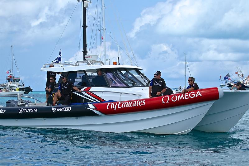 Keen interest from the Emirates team New Zealand chase boat - America's Cup 35th Match - Match Day1 - Regatta Day 17, June 17, 2017 (ADT) photo copyright Richard Gladwell taken at  and featuring the AC50 class