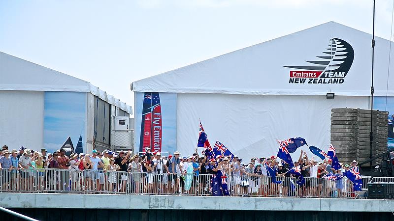 Kiwi fans gather at the Emirates Team New Zealand base - America's Cup 35th Match - Match Day1 - Regatta Day 17, June 17, 2017 (ADT) photo copyright Richard Gladwell taken at  and featuring the AC50 class