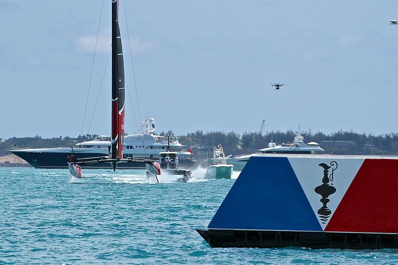 Pursued by TV boats, VIP boats and drones - Emirates Team New Zealand heads for the finish line and a second race win America's Cup 35th Match - Match Day1 - Regatta Day 17, June 17, 2017 (ADT) photo copyright Richard Gladwell taken at  and featuring the AC50 class
