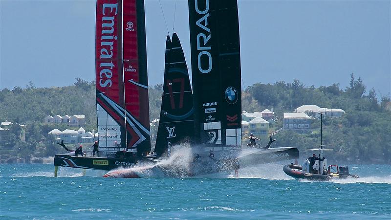 Oracle Team USA and Emirates Team New Zealand ahead of the start of Race 3 - America's Cup 35th Match - Match Day2 - Regatta Day 18, June 18, 2017 (ADT) photo copyright Richard Gladwell taken at  and featuring the AC50 class