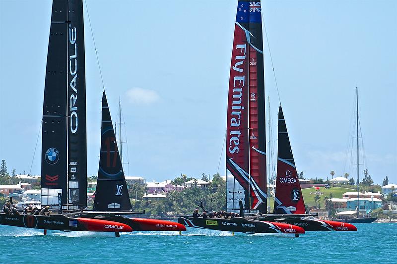 Oracle Team USA and Emirates Team New Zealand ahead of the start of Race 3 - America's Cup 35th Match - Match Day2 - Regatta Day 18, June 18, 2017 (ADT) photo copyright Richard Gladwell taken at  and featuring the AC50 class