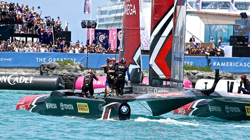 Man-hugs all around - America's Cup 35th Match - Match Day 5 - Regatta Day 21, June 26, 2017 (ADT) photo copyright Richard Gladwell taken at  and featuring the AC50 class