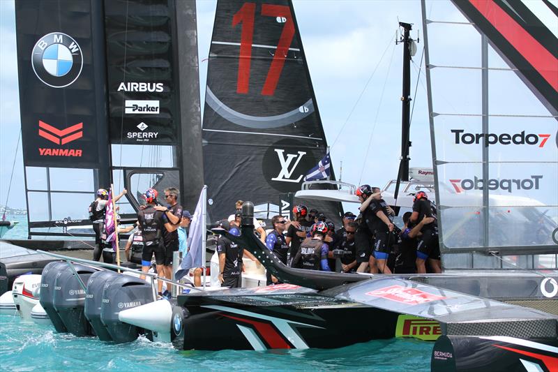 Oracle Team USA comes alongside to offer their congratulations - America's Cup 35th Match - Match Day 5 - Regatta Day 21, June 26, 2017 (ADT) - photo © Richard Gladwell