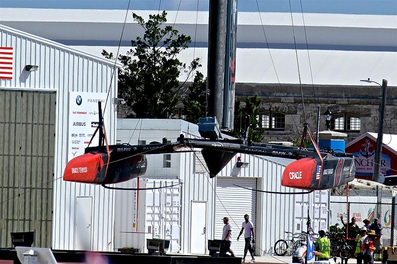 Oracle Team USA shows off a set of daggerboards used in light air ahead of the final day of racing in the 35th America's Cup photo copyright Richard Gladwell taken at  and featuring the AC50 class