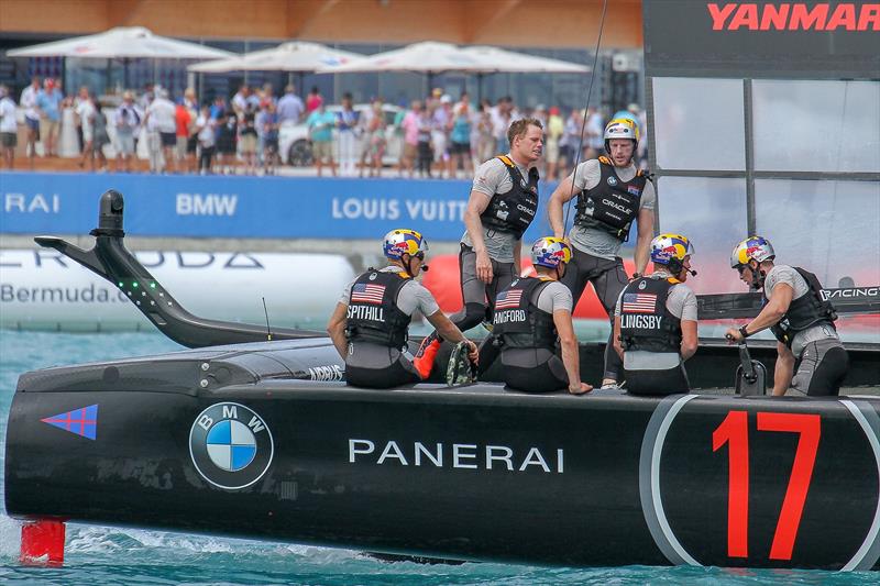 A moment of contemplation after OTUSA's highpoint in Bermuda - winning the Qulaifier Series and taking a point into the Match - photo © Richard Gladwell