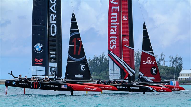 Emirates Team NZ and Oracle Team USA bow to bow off the start of the final race - 35th America's Cup Match, Bermuda, June 26, 2017 - photo © Richard Gladwell / Sail-World.com