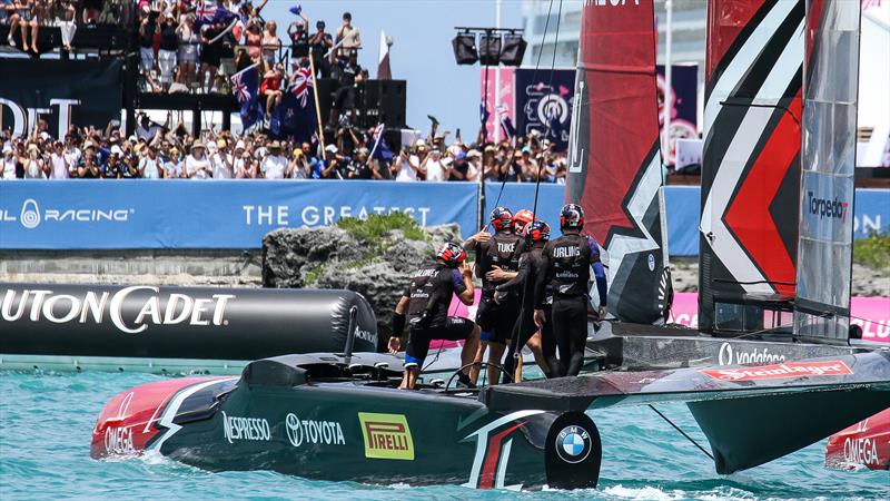 Emirates Team NZ crew celebrate seconds after crossing the finish to win the 35th America's Cup Match, Bermuda, June 26, 2017 - photo © Richard Gladwell / Sail-World.com
