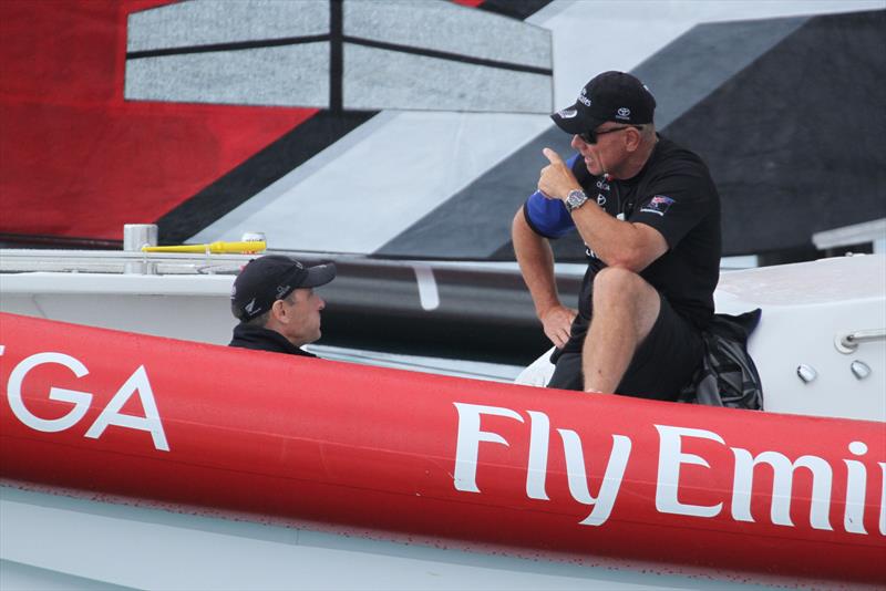 Emirates Team New Zealand CEO, Grant Dalton makes a point to COO Kevin Shoebridge, between races - Challenger Final, Day 3 - 35th America's Cup - Day 16 - Bermuda June 12, 2017 photo copyright Richard Gladwell - Sail-World.com/nz taken at Royal New Zealand Yacht Squadron and featuring the AC50 class