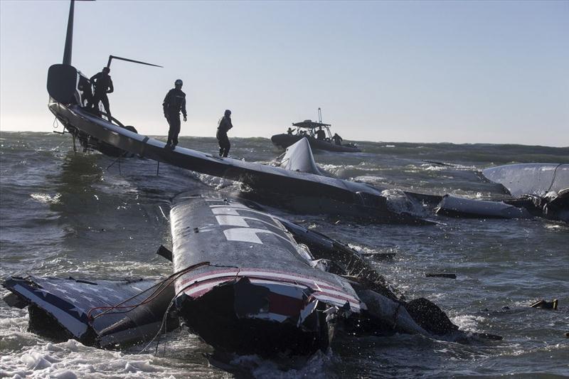 The long tow home after ORACLE TEAM USA 17 capsize in San Francisco Bay photo copyright Guilain Grenier / ORACLE TEAM USA taken at  and featuring the AC72 class