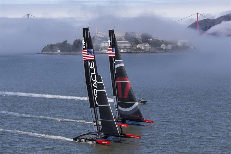 Two ORACLE TEAM USA AC72's out on San Francisco Bay photo copyright Guilain Grenier / ORACLE TEAM USA taken at  and featuring the AC72 class