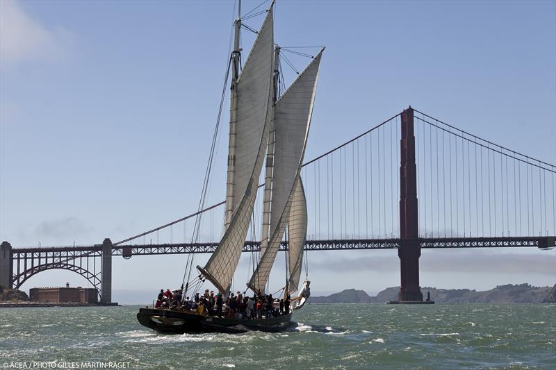 America schooner replica sails in San Francisco Bay photo copyright Gilles Martin-Raget / ACEA taken at  and featuring the AC72 class