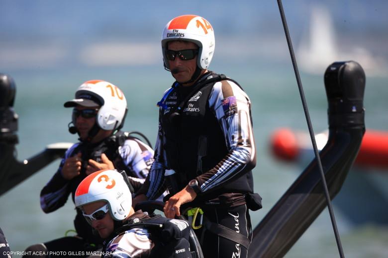 Dean Barker helming Emirates Team New Zealand photo copyright Gilles Martin-Raget / ACEA taken at  and featuring the AC72 class