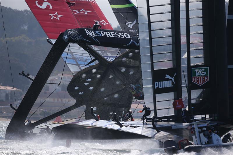 Emirates Team New Zealand suffer a near capsize during race 8 of the 34th America's Cup photo copyright Abner Kingman / ACEA taken at  and featuring the AC72 class