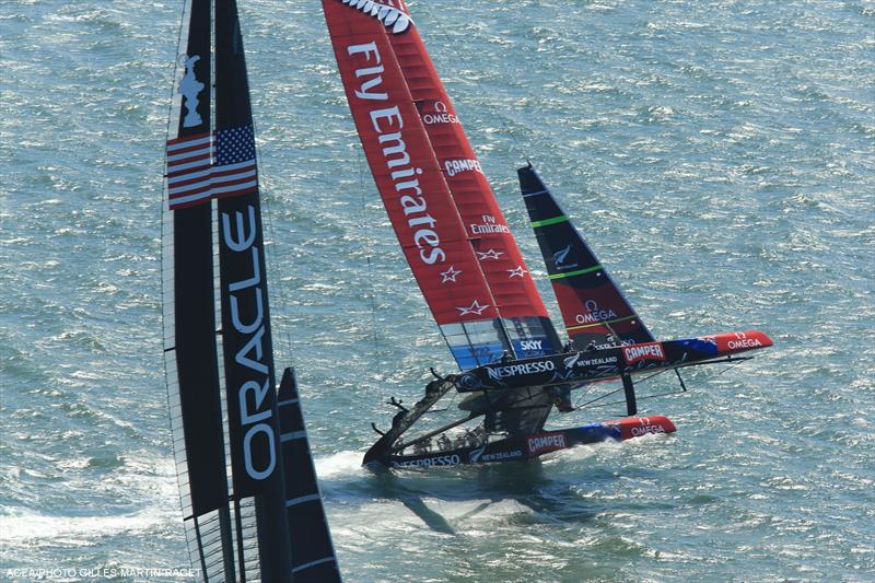 Emirates Team New Zealand suffer a near capsize during race 8 of the 34th America's Cup photo copyright Gilles Martin-Raget / ACEA taken at  and featuring the AC72 class