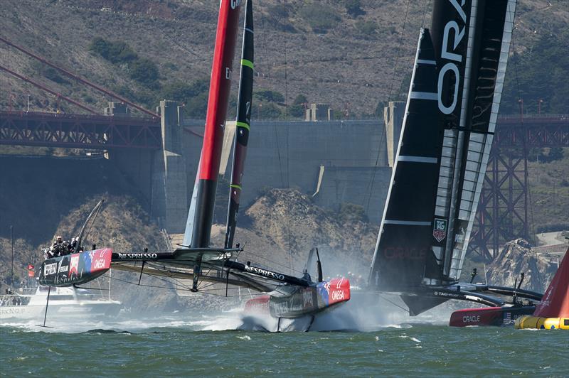 Emirates Team New Zealand rounds mark one in the lead over Oracle Team USA during race 8 of the 34th America's Cup photo copyright Chris Cameron / ETNZ taken at  and featuring the AC72 class