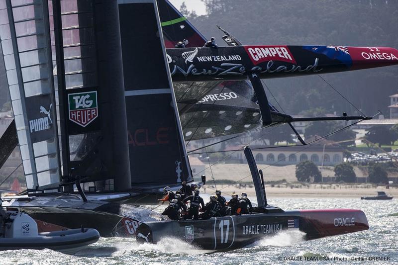 Emirates Team New Zealand's near capsize during race 8 of the 34th America's Cup photo copyright Guilain Grenier / ORACLE TEAM USA taken at  and featuring the AC72 class