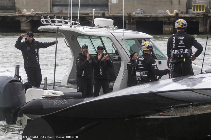 Larry Ellison applauds his team after ORACLE TEAM USA win race 13 of the 34th America's Cup - photo © Guilain Grenier / ORACLE TEAM USA