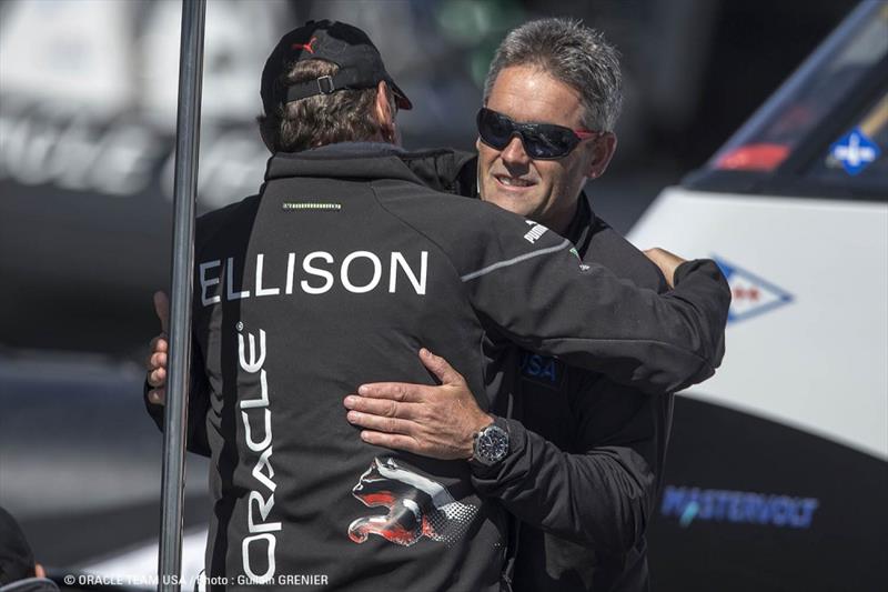 Larry Ellison and Russell Coutts celebrate five wins in a row for ORACLE TEAM USA in the 34th America's Cup photo copyright Guilain Grenier / ORACLE TEAM USA taken at  and featuring the AC72 class