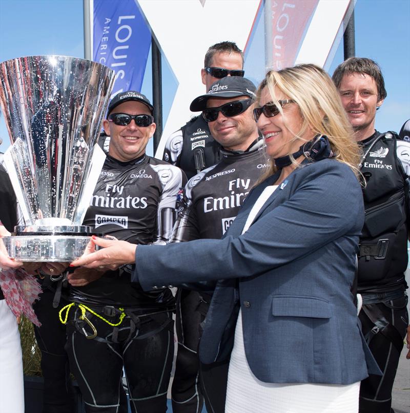 Christine Belanger presents the Louis Vuitton Trophy in 2013 to Emirates Team NZ - photo © Emirates Team NZ