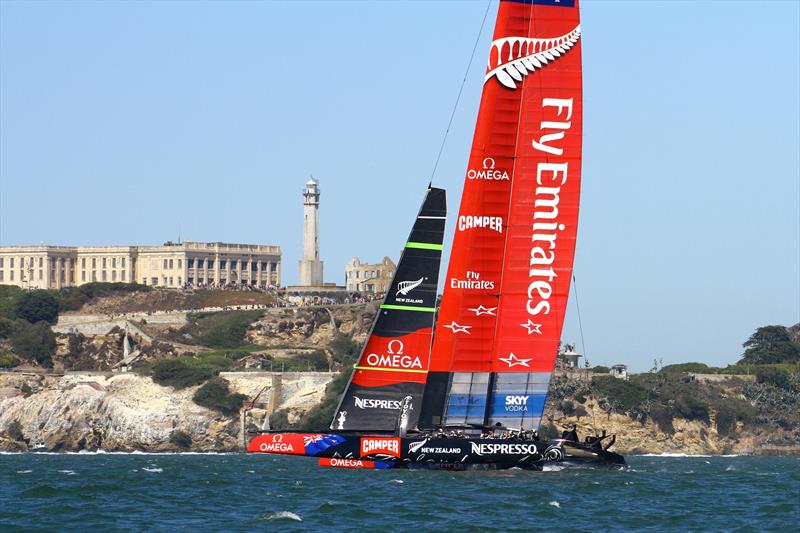 America's Cup - Day 1, Emirates Team NZ sailing on Leg 3 of Race 2, with the trademarked stylised Silver Fern licenced by the NZ Trade and Industry photo copyright Richard Gladwell/Sail-World.com/nz taken at Royal New Zealand Yacht Squadron and featuring the AC72 class
