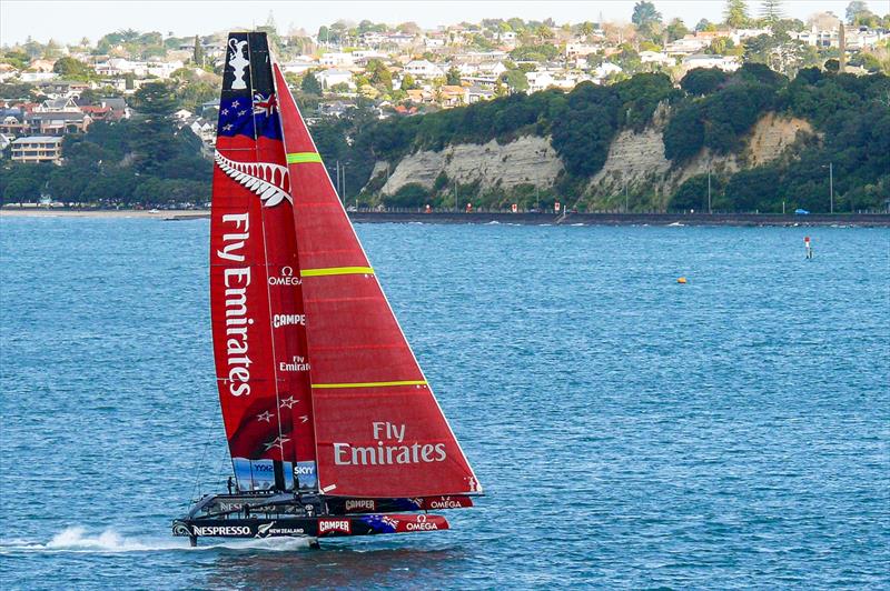 AC72 - New Zealand fully lifted on her L-Foils and sailing on the Waitemata Harbour, Auckland, New Zealand photo copyright Swan Images taken at Royal New Zealand Yacht Squadron and featuring the AC72 class