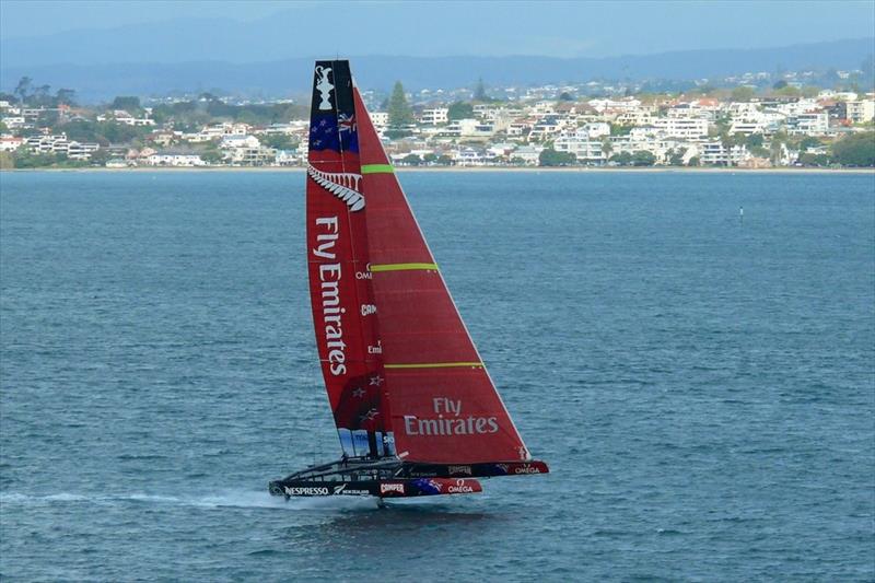 New Zealand partially lifted on her L-Foils and sailing on the Waitemata Harbour, Auckland, New Zealand photo copyright Swan Images / www.sail-world.com taken at  and featuring the AC72 class