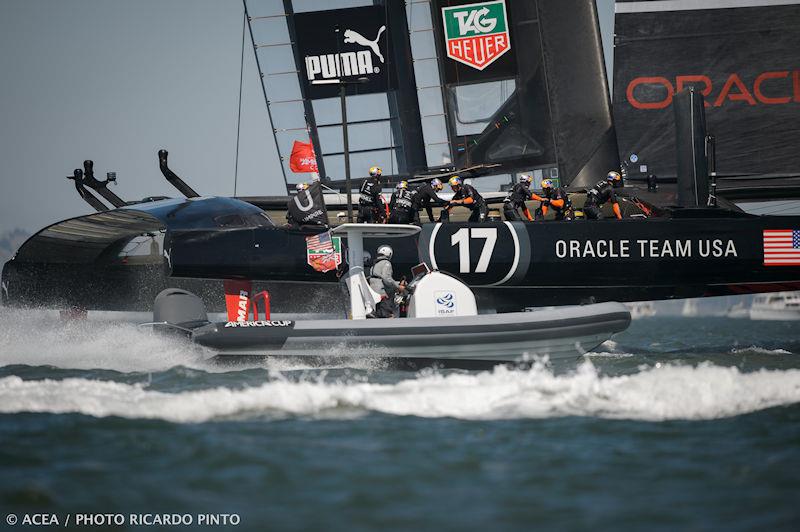Craig Mitchell in the Umpire RIB during the 34th America's Cup Match photo copyright ACEA / Ricardo Pinto taken at  and featuring the AC72 class