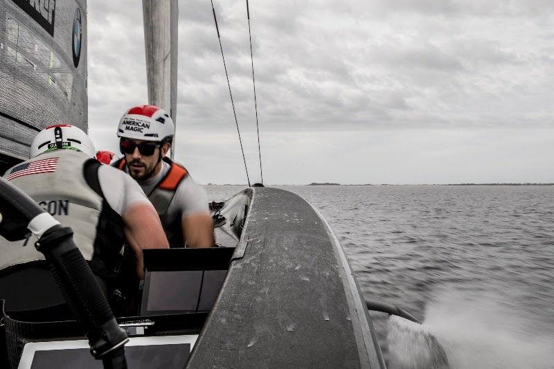 A view from the starboard helm station onboard DEFIANT, with sailors Sean Clarkson (left) and Trevor Burd (right) photo copyright Will Ricketson / American Magic taken at New York Yacht Club and featuring the AC75 class