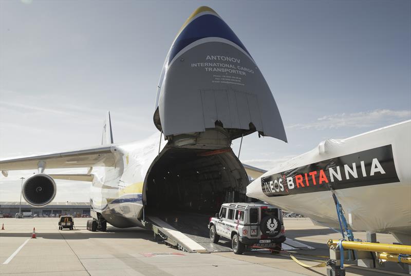 INEOS TEAM UK America's Cup race boat being towed onto an Antonov cargo plane by the teams new prototype INEOS 'Grenadier' 4x4 at the start of its journey to Auckland, New Zealand photo copyright Lloyd Images / INEOS TEAM UK taken at  and featuring the AC75 class