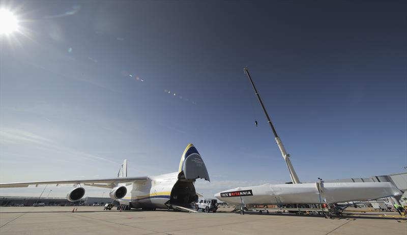 INEOS TEAM UK America's Cup race boat being towed onto an Antonov cargo plane by the teams new prototype INEOS 'Grenadier' 4x4 at the start of its journey to Auckland, New Zealand photo copyright Lloyd Images / INEOS TEAM UK taken at  and featuring the AC75 class