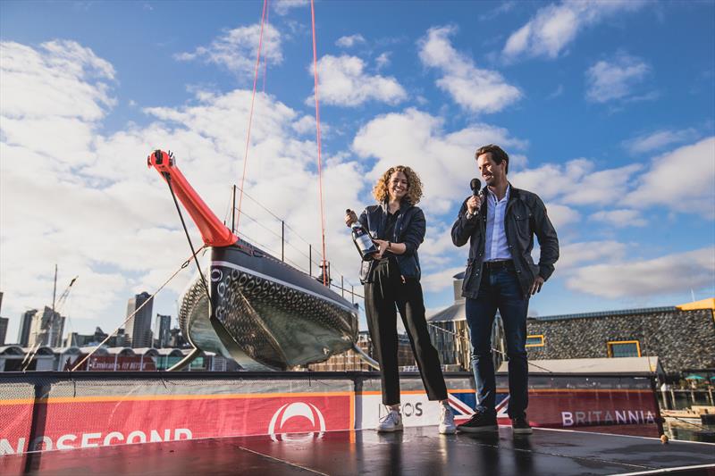 Ben Ainslie with Her Excellency Ms Laura Clarke, British High Commissioner for New Zealand in front of Britannia photo copyright Harry KH / INEOS TEAM UK taken at  and featuring the AC75 class