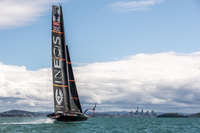 BRITANNIA takes flight in Auckland Harbour  photo copyright C Gregory taken at  and featuring the AC75 class