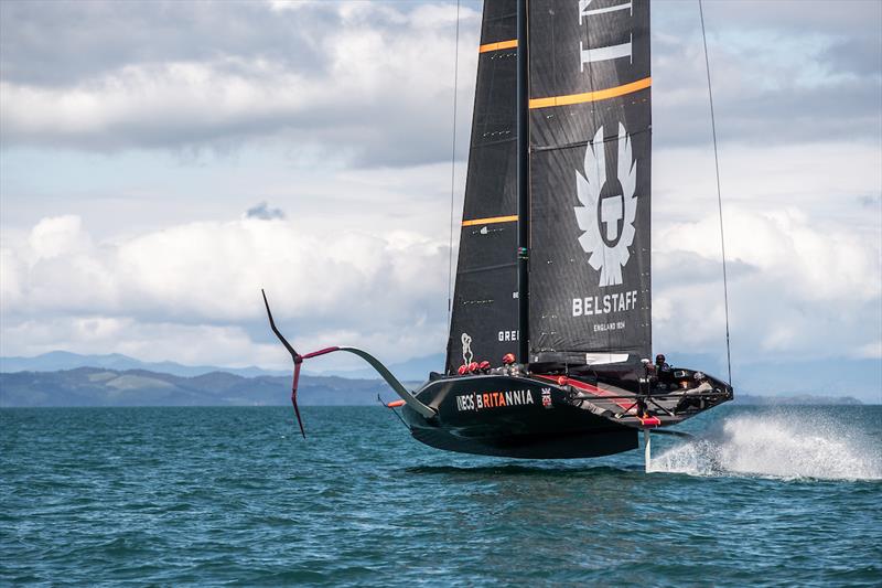 BRITANNIA takes flight in Auckland Harbour  photo copyright C Gregory taken at  and featuring the AC75 class