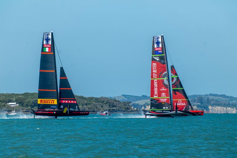 Emirates Team New Zealand vs Luna Rossa on day 1 of ACWS Auckland photo copyright Hamish Hooper / ETNZ taken at Royal New Zealand Yacht Squadron and featuring the AC75 class