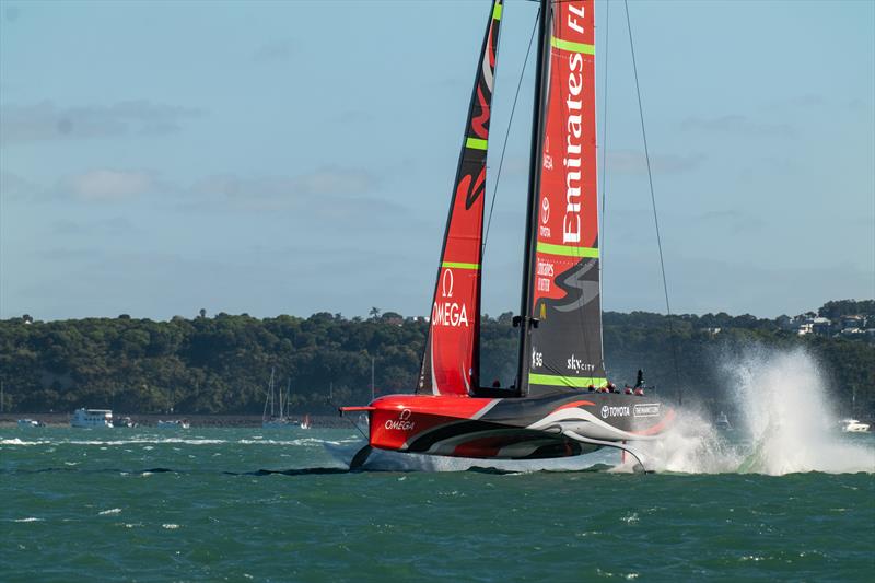 Emirates Team New Zealand vs Luna Rossa on day 1 of ACWS Auckland photo copyright Hamish Hooper / ETNZ taken at Royal New Zealand Yacht Squadron and featuring the AC75 class