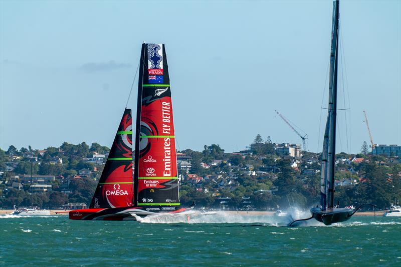 Emirates Team New Zealand vs American Magic on day 1 of ACWS Auckland photo copyright Hamish Hooper / ETNZ taken at Royal New Zealand Yacht Squadron and featuring the AC75 class