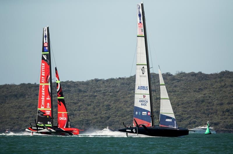 New York Yacht Club American Magic's AC75 PATRIOT beats Emirates Team New Zealand on day 1 of ACWS Auckland photo copyright Sailing Energy / American Magic taken at Royal New Zealand Yacht Squadron and featuring the AC75 class