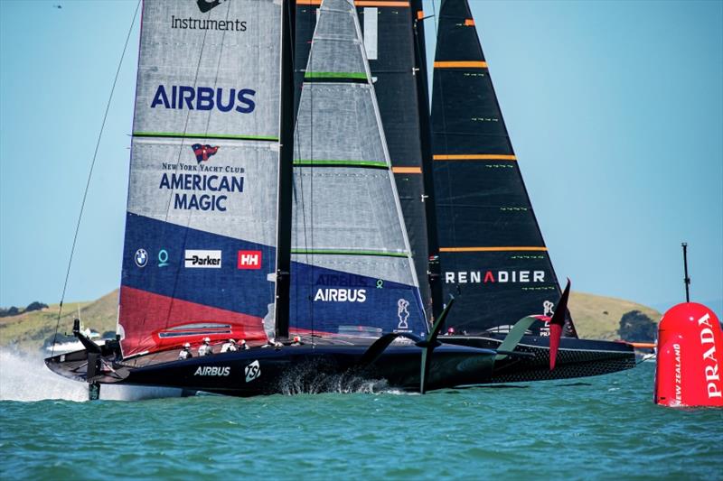 New York Yacht Club American Magic's AC75 PATRIOT beats INEOS Team UK on day 1 of ACWS Auckland photo copyright Sailing Energy / American Magic taken at Royal New Zealand Yacht Squadron and featuring the AC75 class