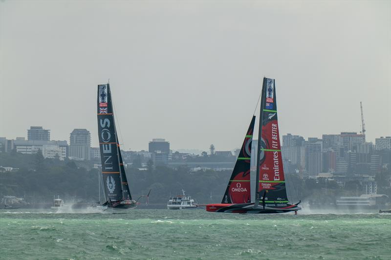 Emirates Team New Zealand vs INEOS TEAM UK on day 2 of PRADA ACWS Auckland photo copyright Hamish Hooper / ETN taken at  and featuring the AC75 class