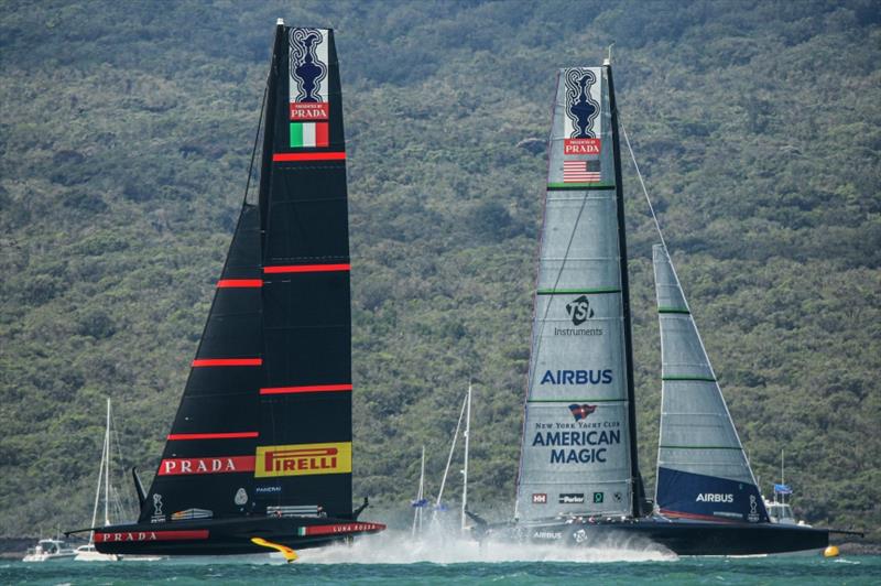 Luna Rossa Prada Pirelli vs New York Yacht Club American Magic on day 2 of PRADA ACWS Auckland photo copyright Stefano Gattini taken at  and featuring the AC75 class