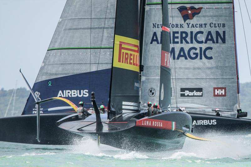 Luna Rossa Prada Pirelli vs New York Yacht Club American Magic on day 2 of PRADA ACWS Auckland photo copyright Stefano Gattini taken at  and featuring the AC75 class