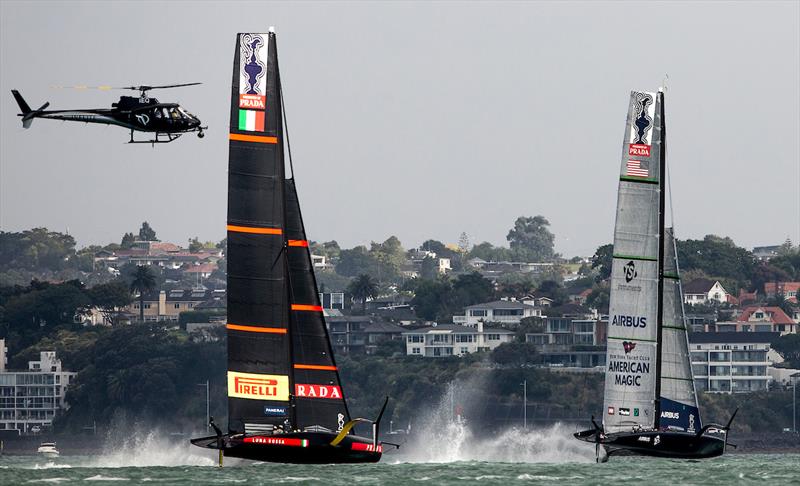 Luna Rossa Prada Pirelli vs New York Yacht Club American Magic on day 2 of PRADA ACWS Auckland photo copyright Sailing Energy / American Magic taken at  and featuring the AC75 class